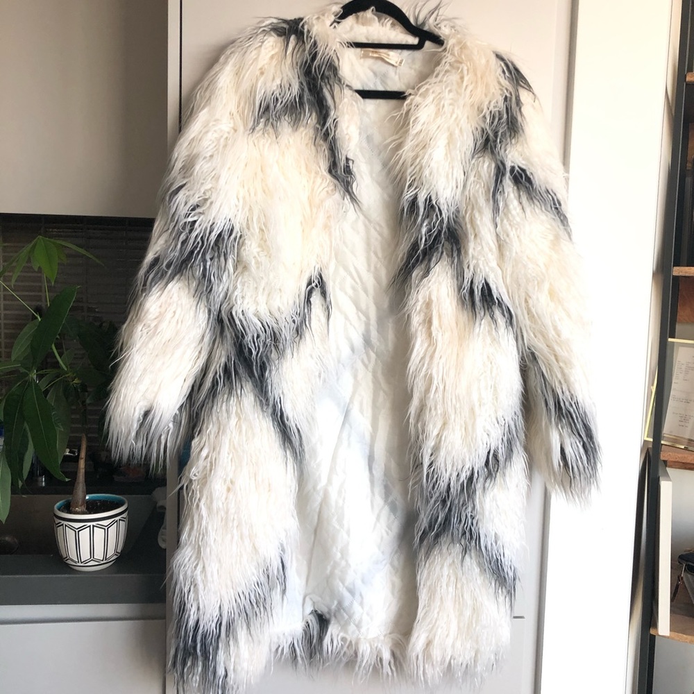 Shaggy Fur Coat in White with Black Stripes